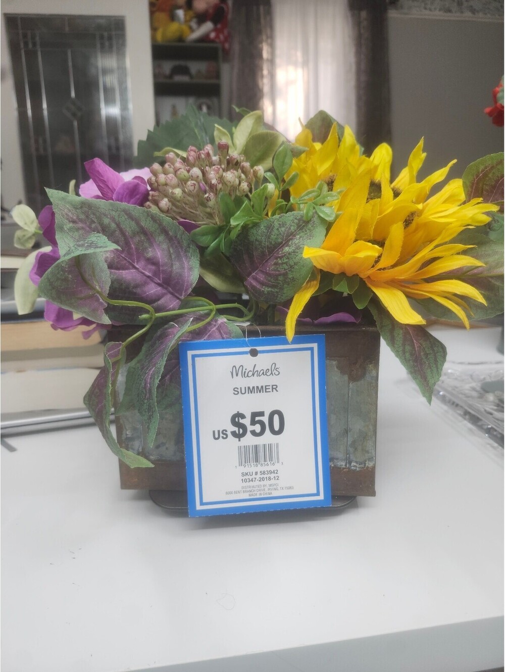 Artificial Summer Floral Arrangement in Rustic Wooden Pot